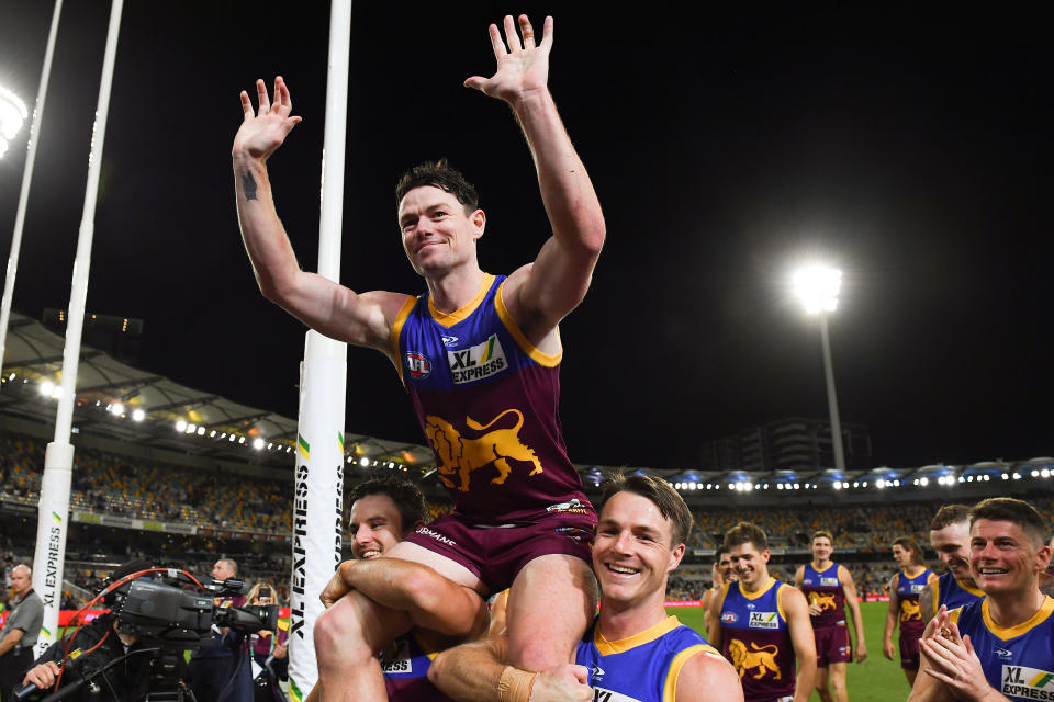 Seen here, Brisbane's Lachie Neale is chaired off after starring against Collingwood in his 200th game. 