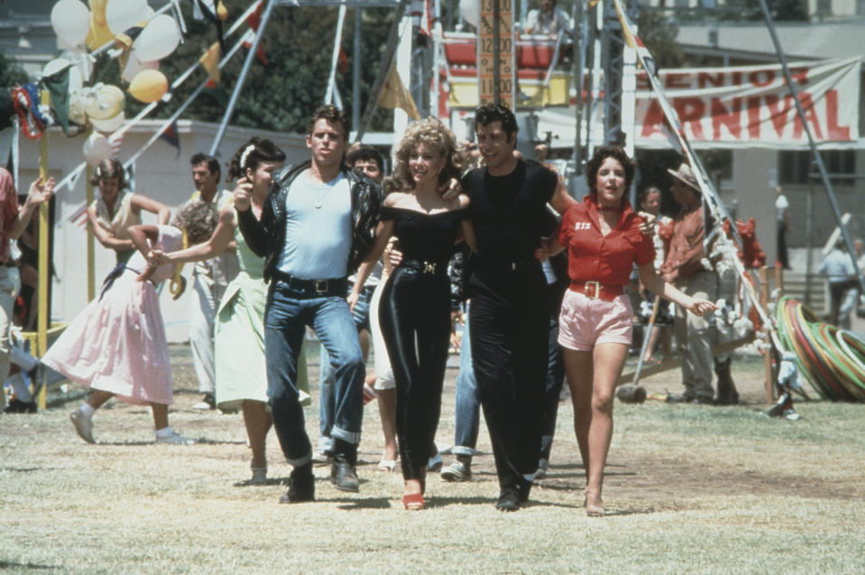 Jeff Conaway, Olivia Newton-John, John Travolta and Stockard Channing in a still from the film Grease, which the Australian actress says is not sexist. (Photo: Paramount Pictures/Fotos International/Getty Images)