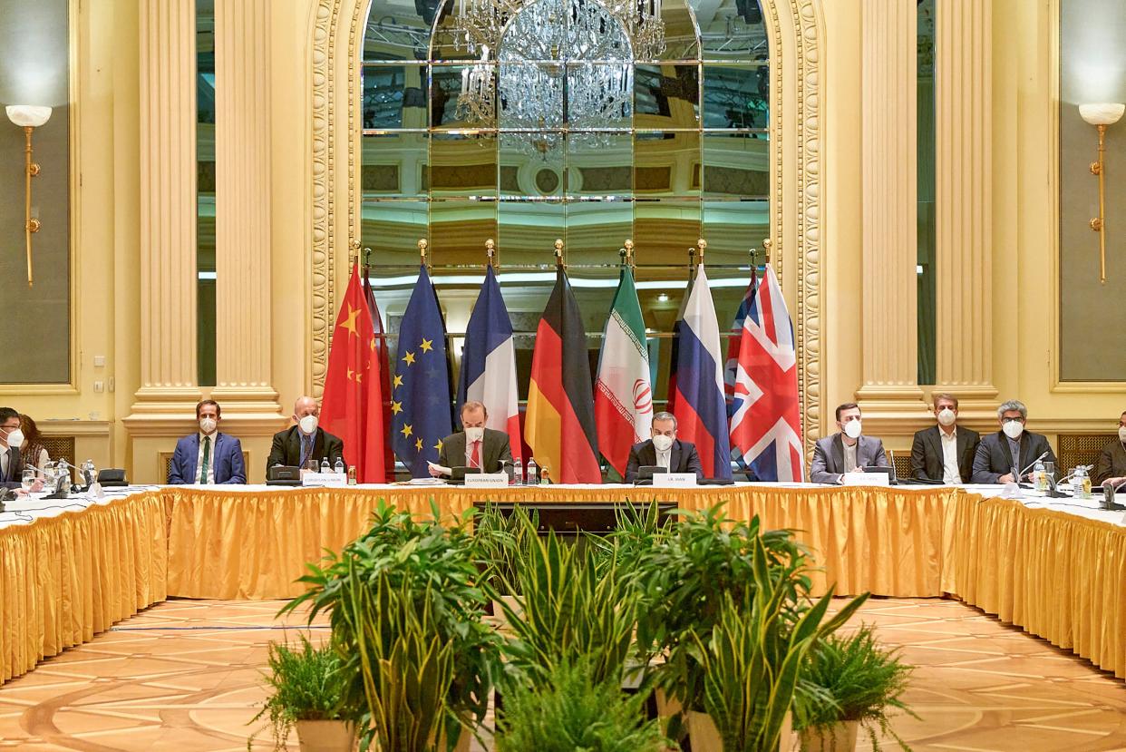 Delegates from the parties to the Iran nuclear deal - Germany, France, Britain, China, Russia and Iran  attending a meeting at the Grand Hotel of Vienna.  (EU DELEGATION IN VIENNA/AFP via)