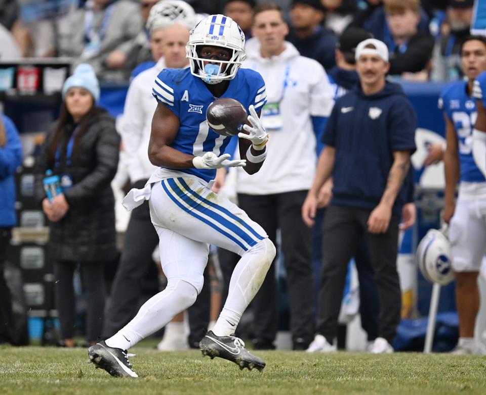 Brigham Young Cougars wide receiver Kody Epps (0) brings in a pass as BYU and Oklahoma play at LaVell Edwards Stadium in Provo on Saturday, Nov. 18, 2023. | Scott G Winterton, Deseret News