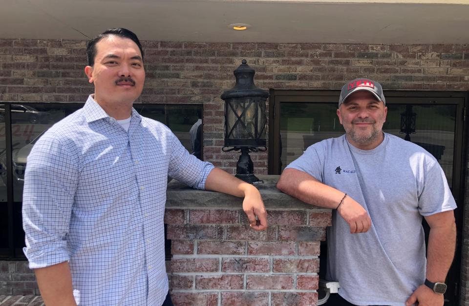 Jay Huang-Racalto, left, and Joe Huang-Racalto stand in front of Racalto's, a new Hornell restaurant at 7465 Seneca Road. Racalto's, under Joe Huang-Racalto's ownership, is set to open May 23 at the former Club 57 and Balloons East location
