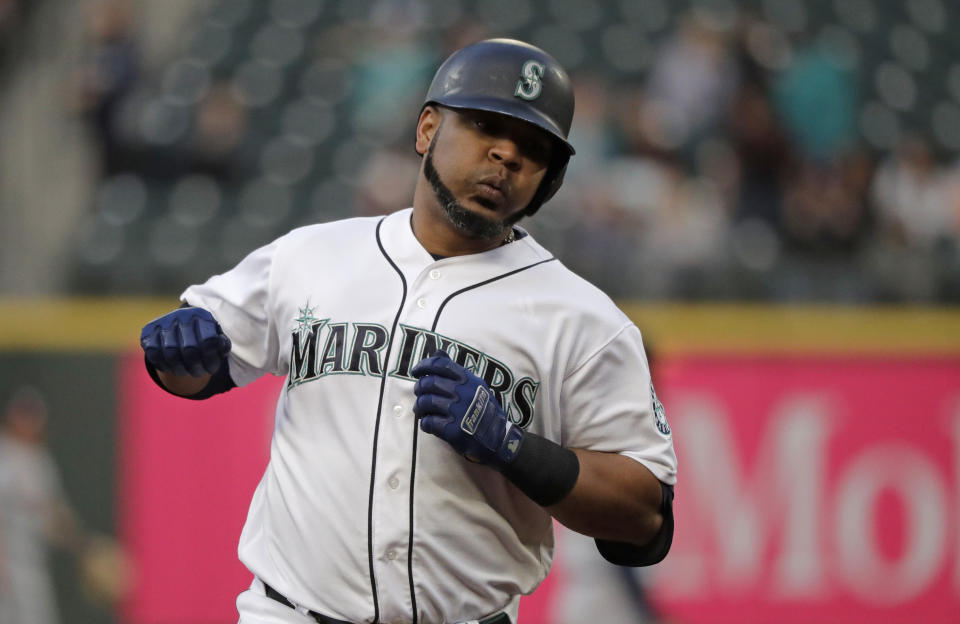 Seattle Mariners' Edwin Encarnacion rounds the bases after hitting a solo home run against the Houston Astros during the third inning of a baseball game, Monday, June 3, 2019, in Seattle. (AP Photo/Ted S. Warren)