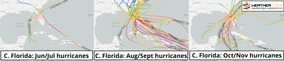 Historical hurricane landfall maps for Central Florida