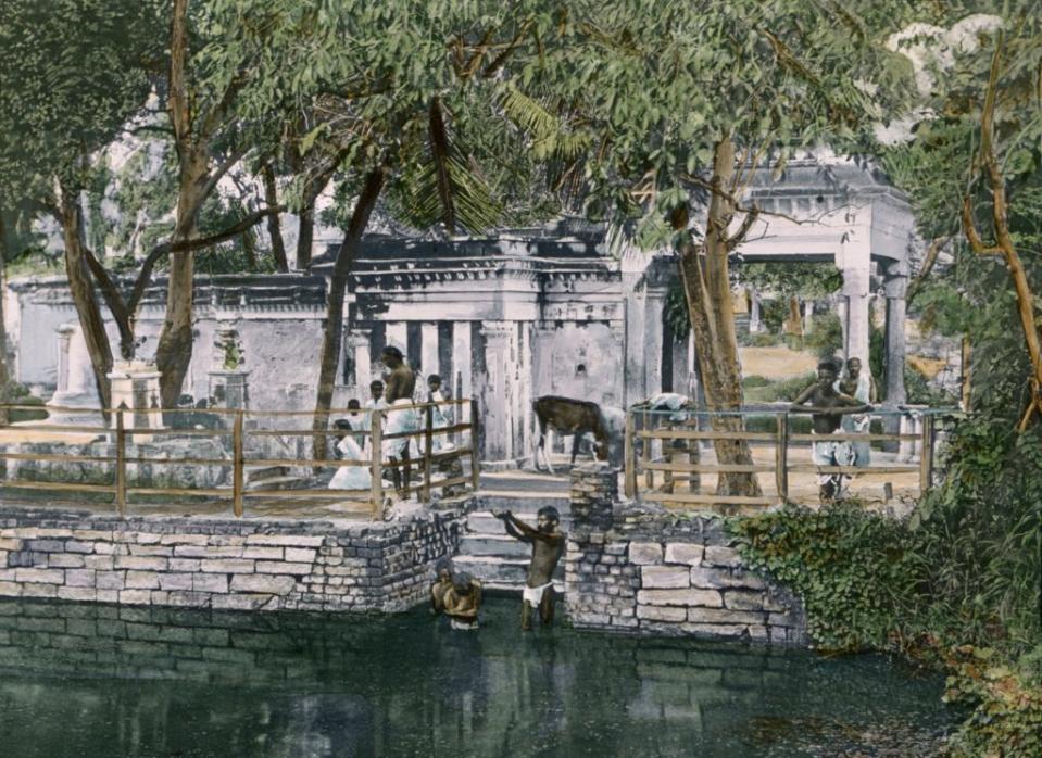 Temple and Worshippers opposite Zion Church, Madras, India, Hand-Colored Magic Lantern Slide, 1900