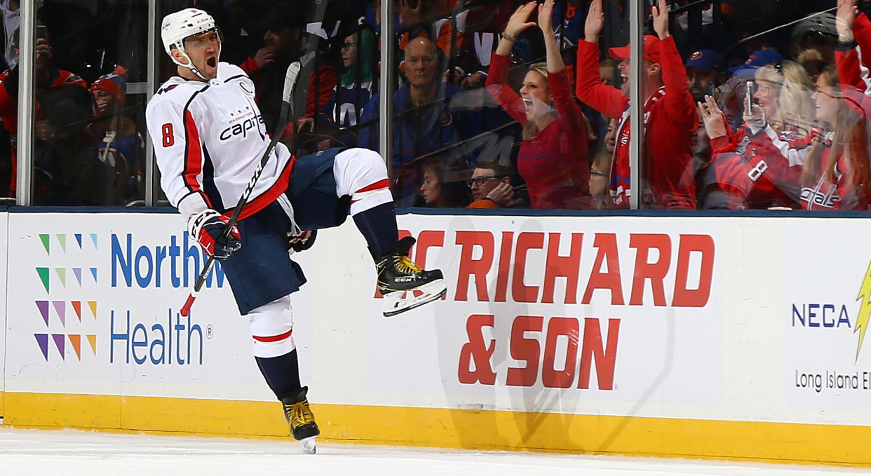 Alex Ovechkin of the Washington Capitals celebrates his first period goal against the New York Islanders at Nassau Coliseum. (Getty Images)