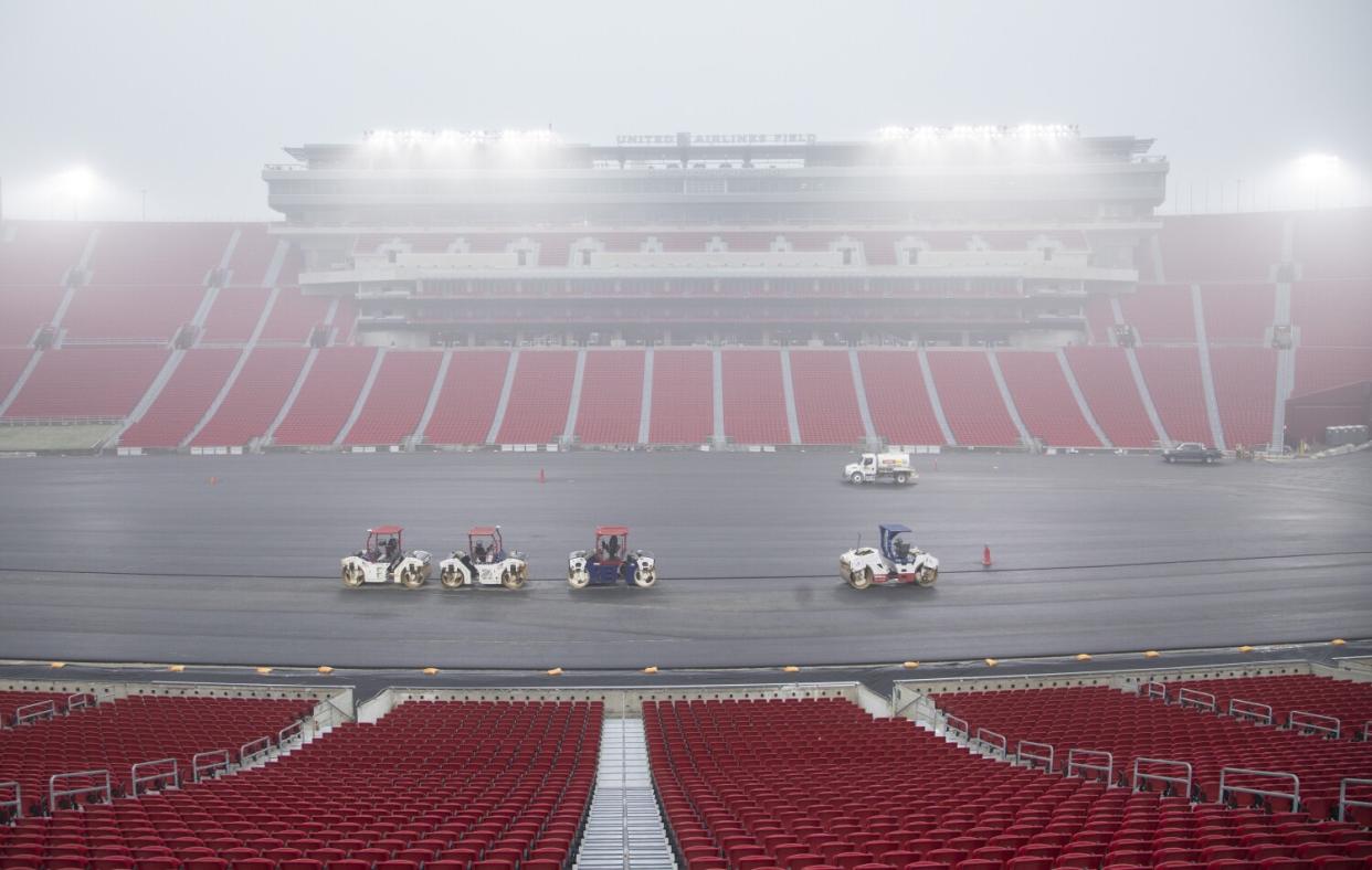 The Coliseum is being converted to a race track for the Busch Light Clash at the Coliseum NASCAR race.