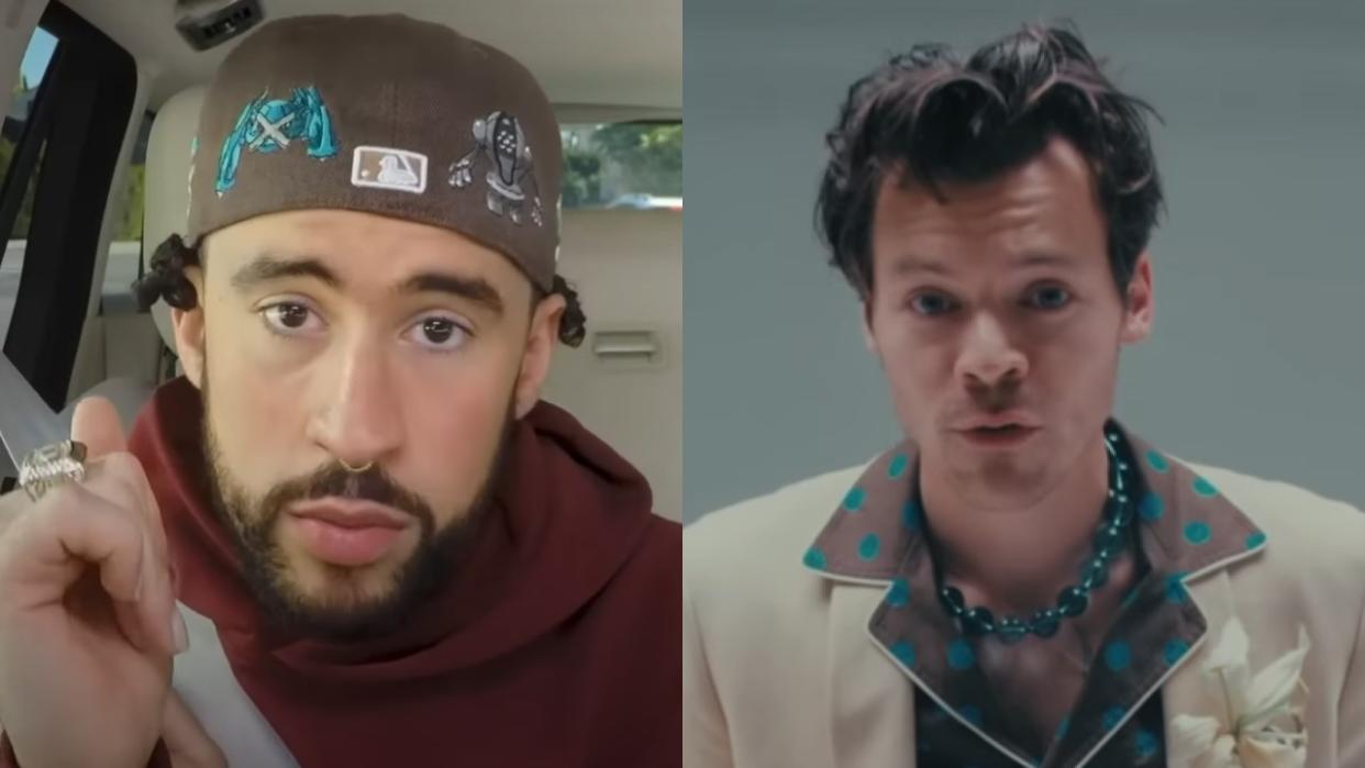  Bad Bunny on Carpool Karaoke and Harry Styles in Late Night Talking video. 