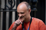 Britain's Prime Minister Boris Johnson's senior aide Dominic Cummings leaves 10 Downing Street, in London, Sunday, May 24, 2020. The British government faced accusations of hypocrisy on Saturday after the revelation that Prime Minister Boris Johnson's top adviser Cummings, traveled more than 250 miles (400 kms) to his parents' house during a nationwide lockdown while he was showing coronavirus symptoms. (Aaron Chown, PA via AP)