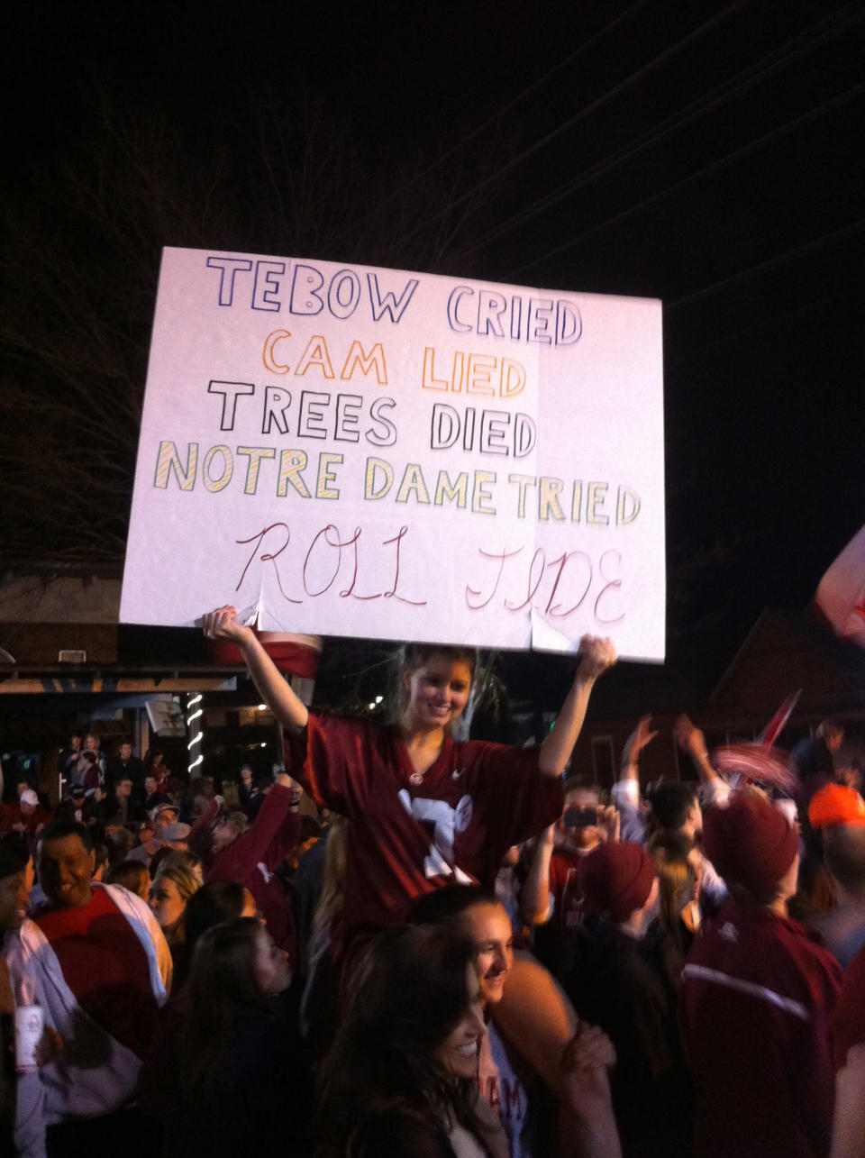 Fans celebrate after Alabama's 42-14 victory over Notre Dame in the BCS championship game.