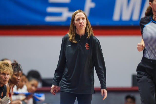 BLACKSBURG, VA – MARCH 17: Head coach Lindsay Gottlieb of the USC Trojans looks on in the first half during the first round of the NCAA Women’s Basketball Tournament against the South Dakota State Jackrabbits at Cassell Coliseum on March 17, 2023 in Blacksburg, Virginia. (Photo by Ryan Hunt/Getty Images)