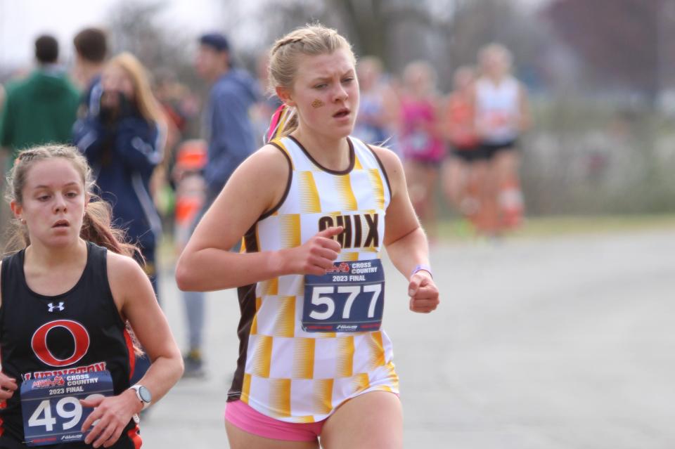 Zeeland East's Allison Kuzma (577) competes in the state cross country meet Saturday, Nov. 4, 2023 at Michigan International Speedway.