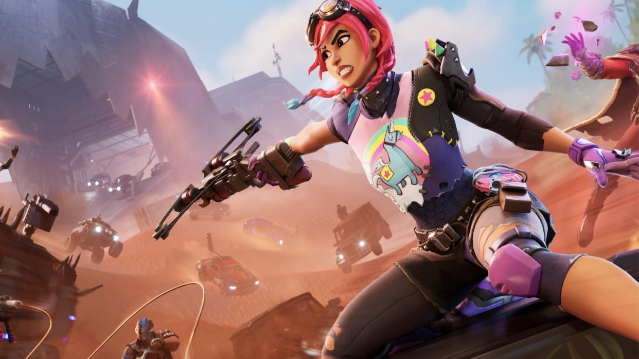  A Fortnite character fires a crossbow while atop a moving vehicle. 