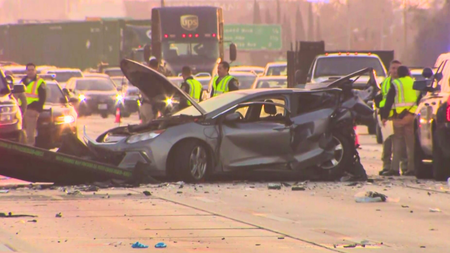 A fatal crash closed lanes on the 10 Freeway in San Gabriel on Feb. 15, 2024.