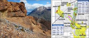 Cerro Colorado prospect (left) and Proximo’s selected rock sample assay results (right).