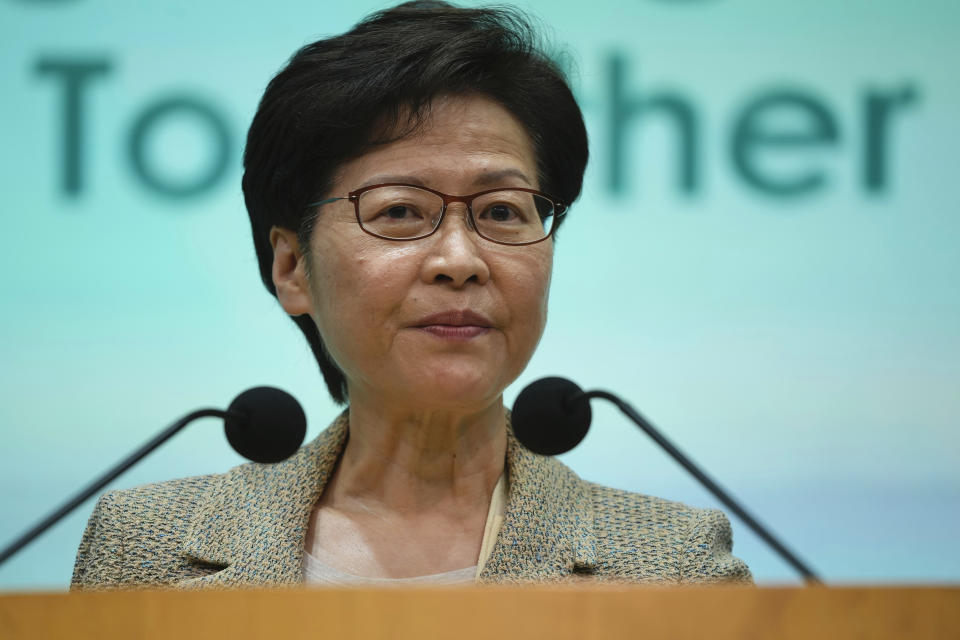 Hong Kong Chief Executive Carrie attends a press conference in Hong Kong, Tuesday, Oct. 26, 2021. Lam said that under the city's Basic Law, the freedoms of association, assembly and speech are “guaranteed.” “No organization should be worried about legitimate operations in Hong Kong,” said Lam during a regular news conference Tuesday. “But it has to be done in accordance with the law.”(AP Photo/Kin Cheung)