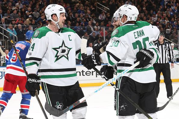 NEW YORK, NY - JANUARY 17: Cody Eakin #20 and Jamie Benn #14 of the Dallas Stars celebrate after scoring a goal in the second period against the New York Rangers at Madison Square Garden on January 17, 2017 in New York City. (Photo by Jared Silber/NHLI via Getty Images)