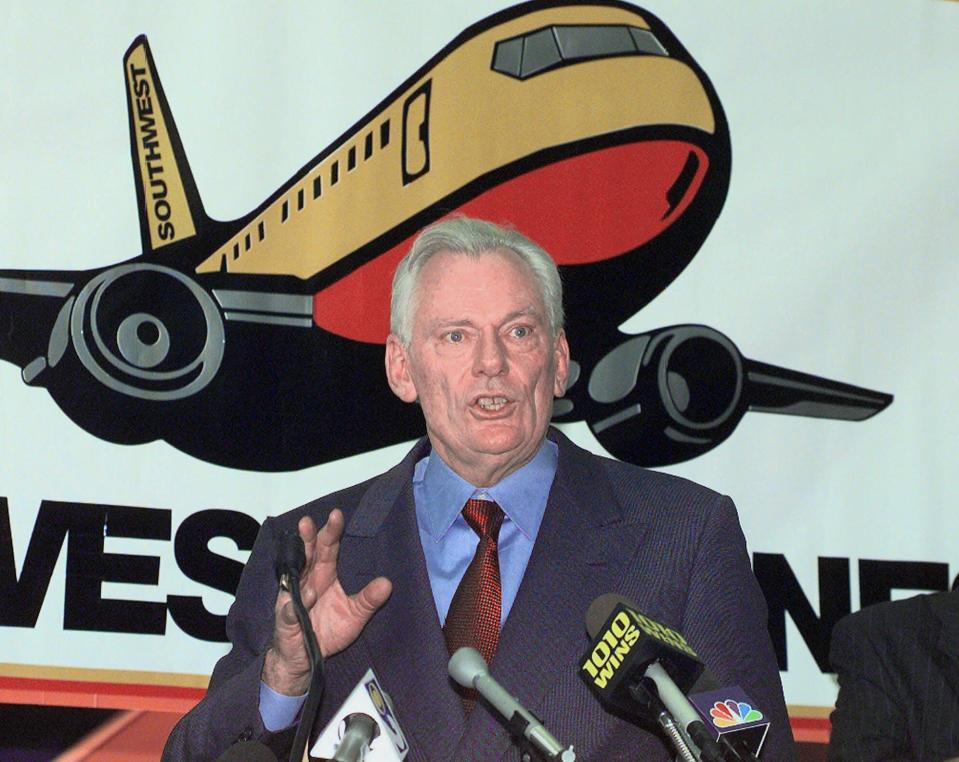 <p> FILE - In this Dec. 9, 1998, file photo, Southwest Airlines President and CEO Herb Kelleher speaks at a news conference at MacArthur Airport in Islip, N.Y. Not many CEOs dress up as Elvis Presley, settle a business dispute with an arm-wrestling contest, or go on TV wearing a paper bag over their head. Southwest confirmed Kelleher died on Thursday, Jan. 3, 2019. He was 87. (AP Photo/Ed Betz, File) </p>
