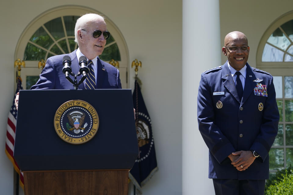 President Joe Biden speaks in the Rose Garden of the White House in Washington, Thursday, May 25, 2023, on his intent to nominate U.S. Air Force Chief of Staff Gen. CQ Brown, Jr., right, to serve as the next Chairman of the Joint Chiefs of Staff. (AP Photo/Susan Walsh)