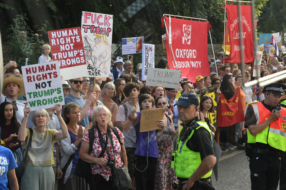 More protesters outside the entrance to Blenheim Palace, Oxfordshire, ahead of the dinner hosted by Prime Minister Theresa May.