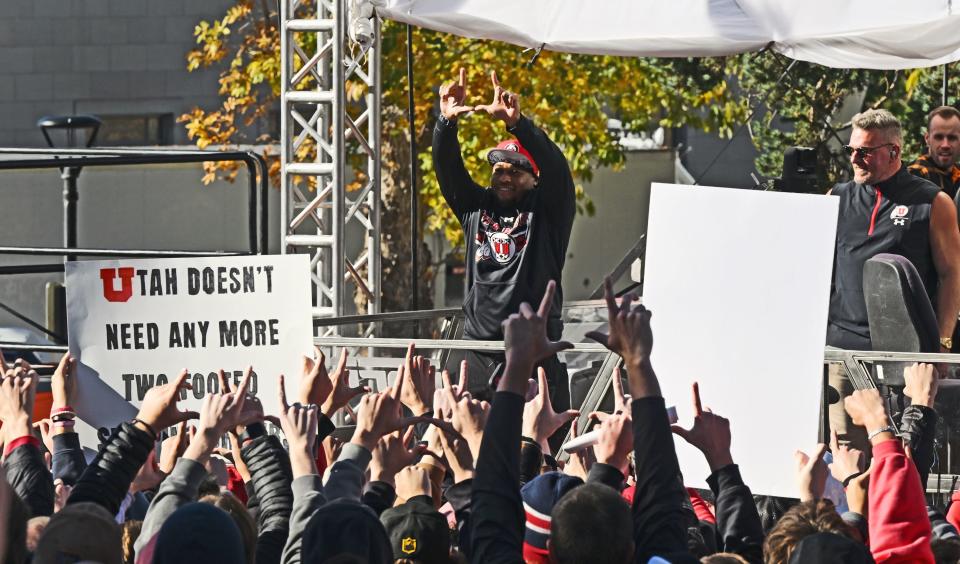 Guest picker Steve Smith Sr. acknowledges the crowed as he walks onto the stage for the Pat McAfee Show at the University of Utah on Friday, Oct. 27, 2023. | Scott G Winterton, Deseret News