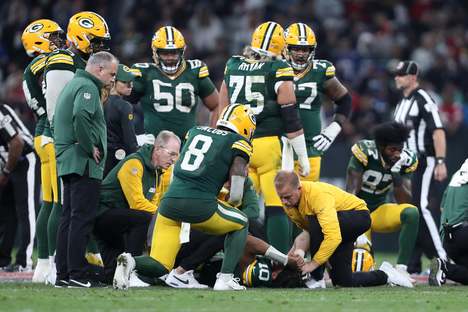 SAO PAULO, BRAZIL - SEPTEMBER 6: Jordan Love #10 of the Green Bay Packers reacts after sustaining an injury during the fourth quarter against the Philadelphia Eagles at Arena Corinthians on September 6, 2024 in Sao Paulo, Brazil. (Photo by Wagner Meier/Getty Images)