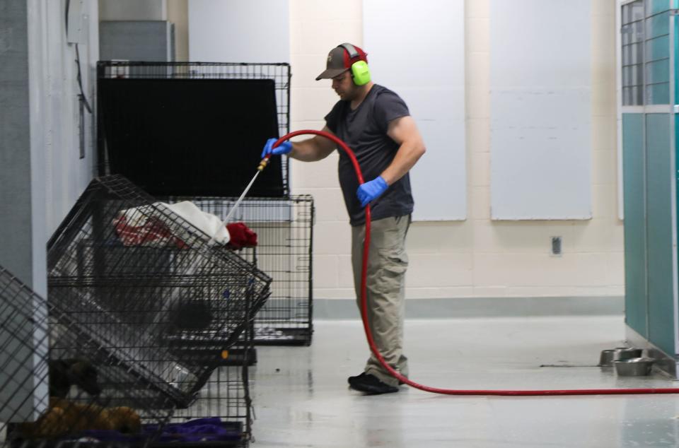 A shelter officer cleans a cage July 11 at the Oklahoma City Animal Shelter.