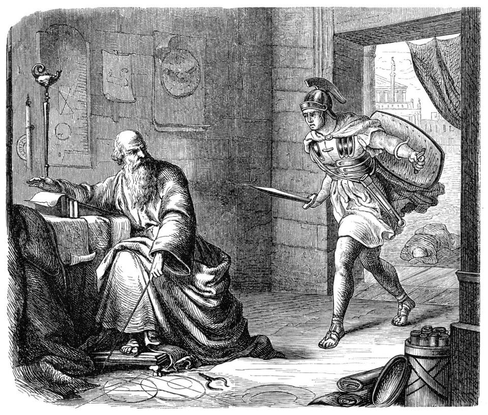 drawing of roman soldier confronting mathematician archimedes