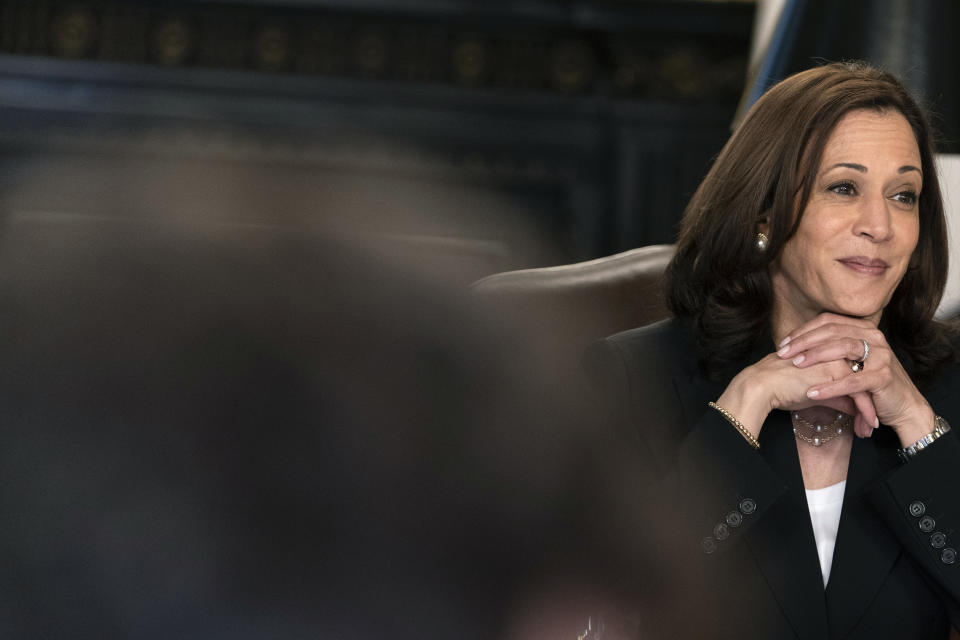 Vice President Kamala Harris attends a meeting with business CEO's about economic development in the Northern Triangle, Thursday, May 27, 2021, from her ceremonial office on the White House complex in Washington. (AP Photo/Jacquelyn Martin)