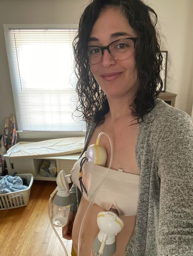 During the last few weeks of maternity leave, the author pumped milk each morning to build a supply for returning to work.