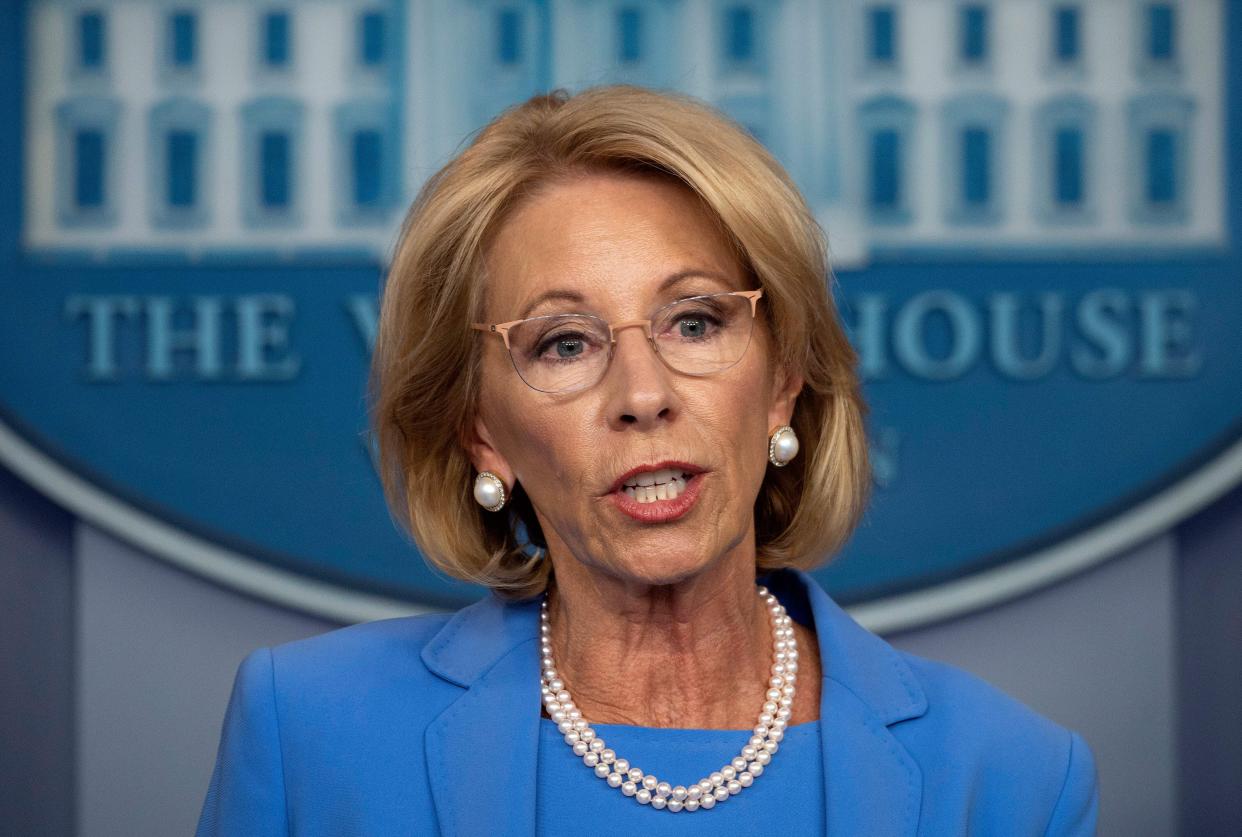 US Secretary of Education Betsy Devos speaks during the daily briefing on the novel coronavirus, COVID-19, in the Brady Briefing Room at the White House on March 27, 2020, in Washington, DC. (Photo by JIM WATSON / AFP) (Photo by JIM WATSON/AFP via Getty Images) (Photo: JIM WATSON via Getty Images)