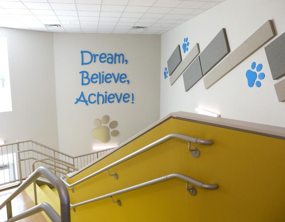 A mural and message at Metcalfe Elementary School seen during a tour after a ribbon-cutting ceremony for the renovated school in Gainesville in 2021.