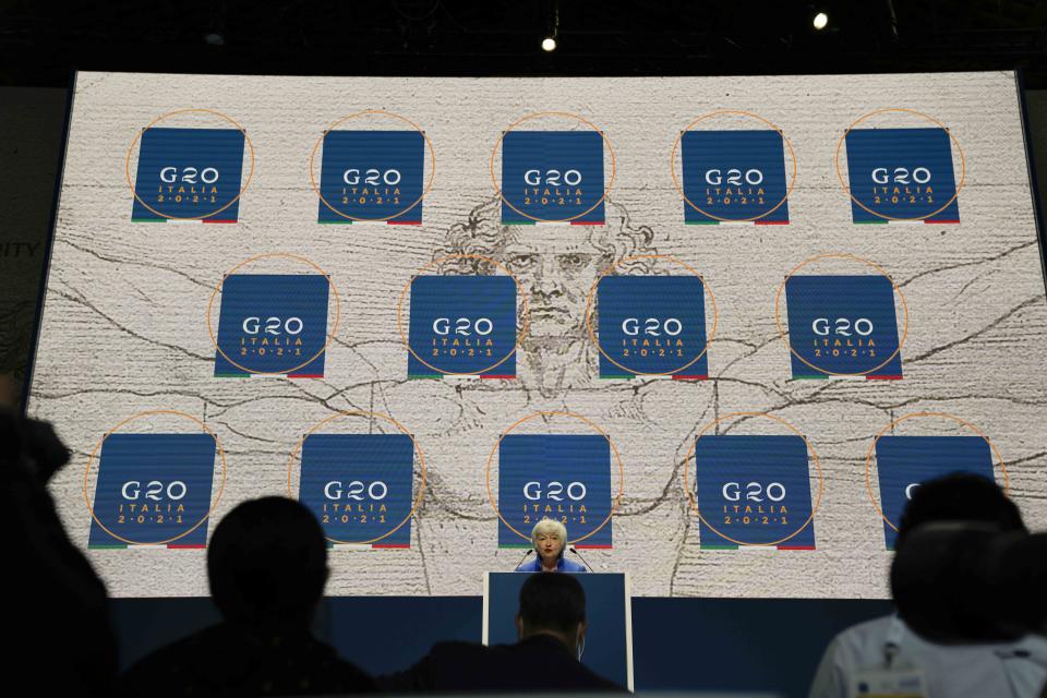 United States Secretary of the Treasury Janet Yellen speaks during a press conference at a G20 Economy and Finance ministers and Central bank governors' meeting in Venice, Italy, Sunday, July 11, 2021. (AP Photo/Luca Bruno)