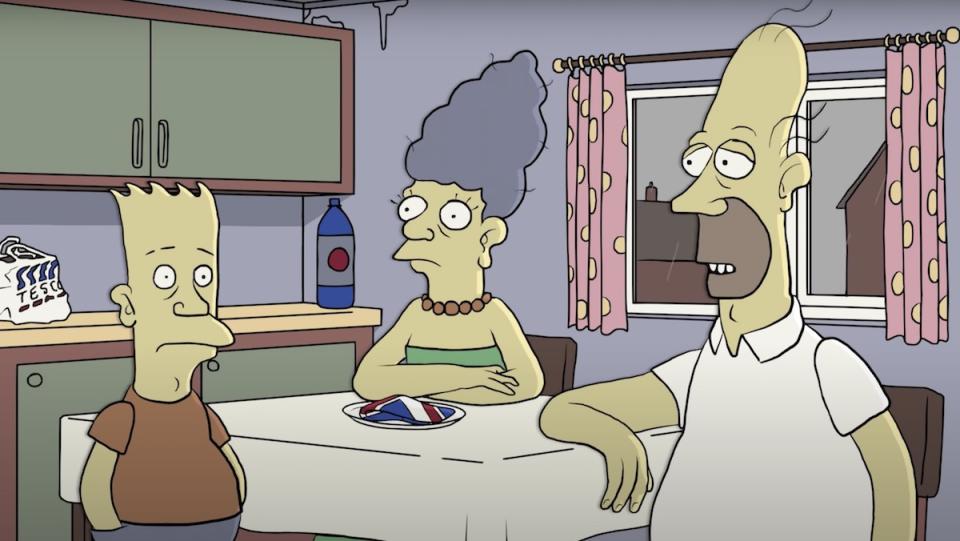 Homer, Marge, and Bart reimagined as a British version of The Simpsons at their kitchen table
