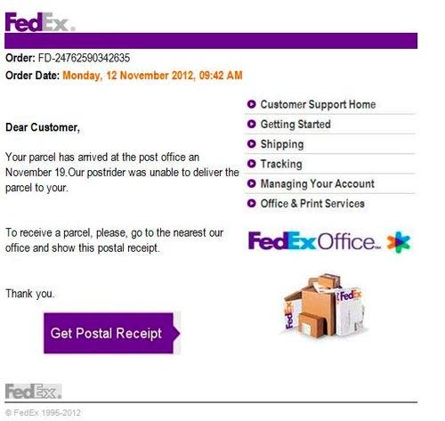 Notification of undelivered package apparently from FedEx