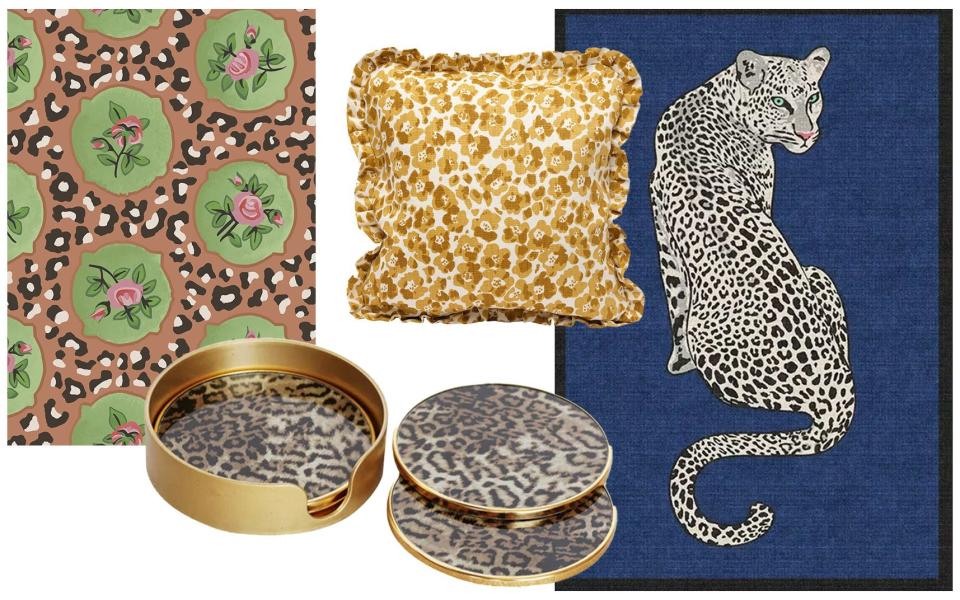 Leopard and Roses wallpaper in Cognac, £148 a roll, Petra Palumbo; Florence Saffron ruffled cushion cover, £147, Cathy Nordstrom; Set of four leopard print coasters, £27, Rockett St George; Jonathan Adler Snow Leopard Sapphire rug, from £119, Ruggable