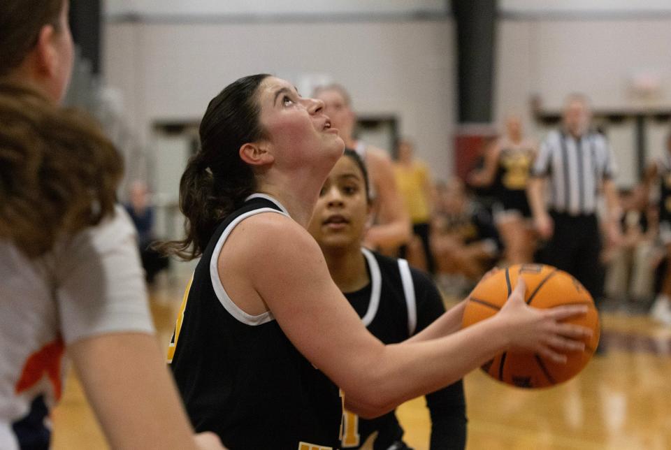 SJV’s Julia Karpell goes up with a shot after a steal. St. John Vianney vs Trinity Hall in SCT Girls Basketball Semifinal on February 15, 2024 in Red Bank. NJ.