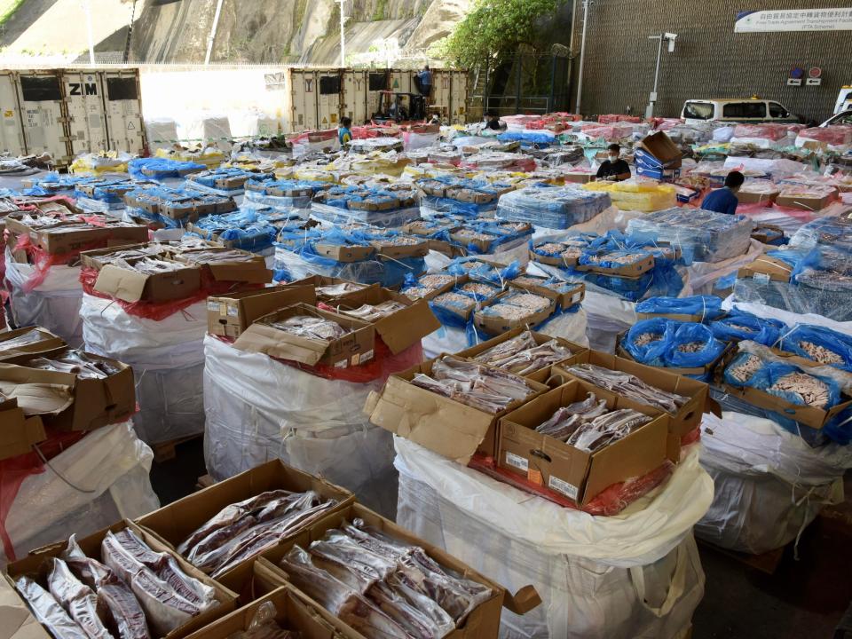 Bags of smuggled meat displayed after a Hong Kong customs bust