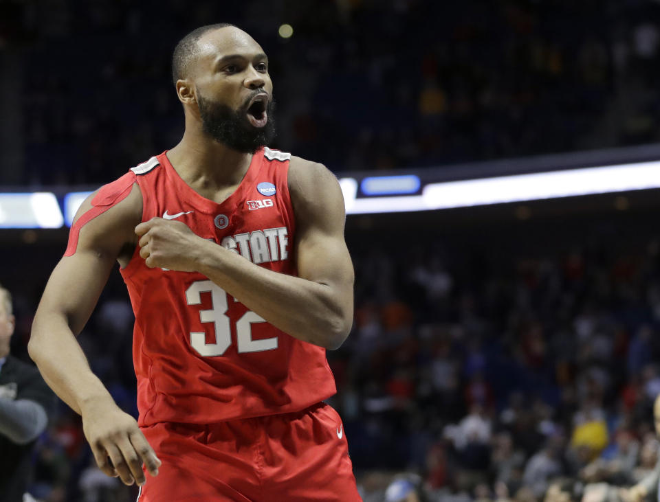 Ohio State's Keyshawn Woods celebrates after defeating Iowa State in a first round men's college basketball game in the NCAA Tournament Friday, March 22, 2019, in Tulsa, Okla. Ohio State won 62-59. (AP Photo/Jeff Roberson)