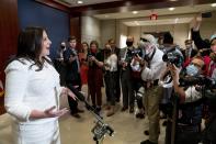 Newly-elected House Republican Conference Chair Rep. Elise Stefanik, R-N.Y., speaks to members of the media at the Capitol in Washington, Friday, May 14, 2021. On Friday Stefanik was elected chair of the House Republican Conference, replacing Rep. Liz Cheney, R-Wyo., who was ousted from the GOP leadership for criticizing former President Donald Trump. (AP Photo/Andrew Harnik)