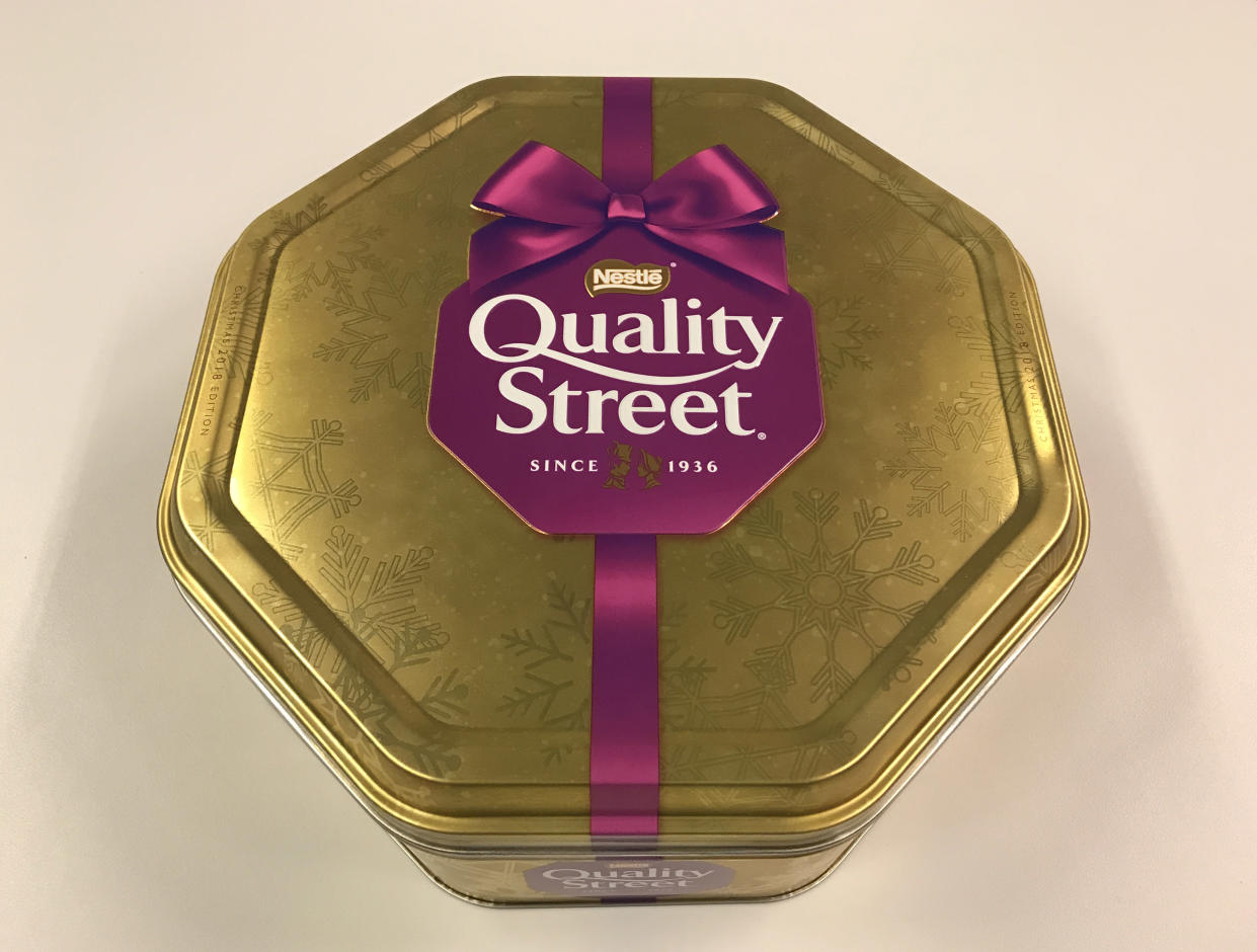 A tin of Nestle Quality Street chocolates. (Photo by Martin Keene/PA Images via Getty Images)