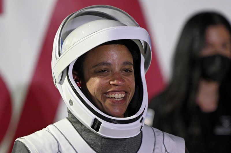 NASA astronaut Jessica Watkins poses for media and family members after walking out of the Neil Armstrong O&C Building at Kennedy Space Center in Florida in April 2022. File Photo by Joe Marino/UPI