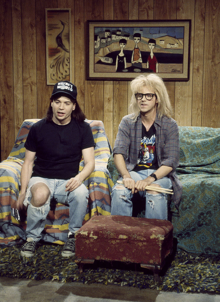 Mike and Dana in character on the show in a Wayne's World segment