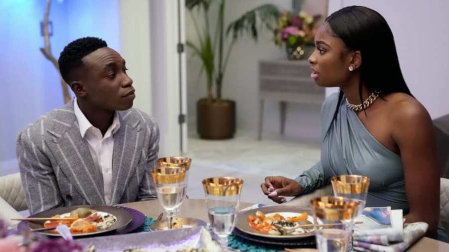 In a scene from “Bel-Air,” Coco Jones (right) addresses Olly Sholotan as they portray Hilary Banks and Carlton Banks. (Credit: Peacock)