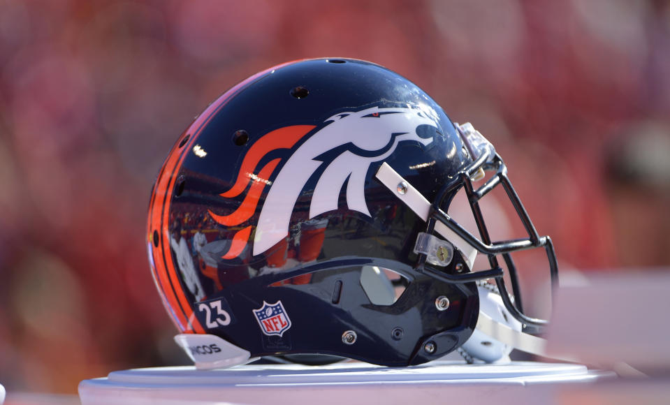 Oct 28, 2018; Kansas City, MO, USA; A general view of a Denver Broncos helmet during the second half against the <a class="link " href="https://sports.yahoo.com/nfl/teams/kansas-city/" data-i13n="sec:content-canvas;subsec:anchor_text;elm:context_link" data-ylk="slk:Kansas City Chiefs;sec:content-canvas;subsec:anchor_text;elm:context_link;itc:0">Kansas City Chiefs</a> at Arrowhead Stadium. Mandatory Credit: Denny Medley-USA TODAY Sports