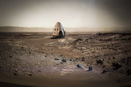 A SpaceX dragon capsule is shown on the surface of Mars in this artist's concept photo provided April 27, 2016. SpaceX/Handout Photo via Reuters