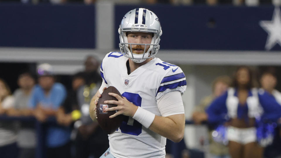 Cooper Rush is looking to go 3-0 as a starting quarterback for the Dallas Cowboys on Monday Night Football. (AP Photo/Michael Ainsworth)