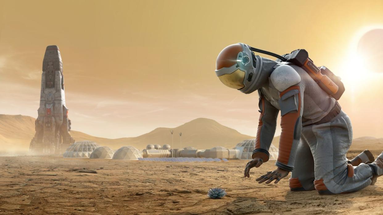 astronaut on mars kneeling and staring down at a plant growing in rocky dusty ground with spaceship and base camp in background