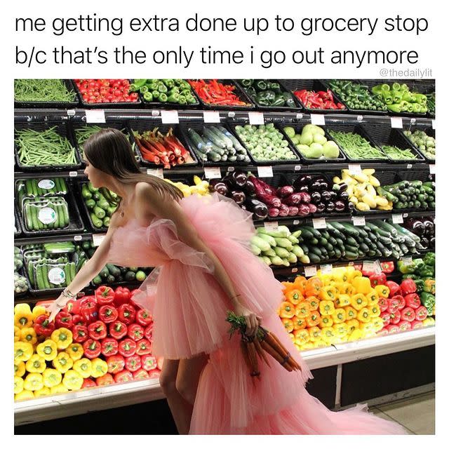 <p>Tulle is definitely supermarket-appropriate attire now</p><p><a href="https://www.instagram.com/p/B-Mt15ojlvR/" rel="nofollow noopener" target="_blank" data-ylk="slk:See the original post on Instagram;elm:context_link;itc:0;sec:content-canvas" class="link ">See the original post on Instagram</a></p>