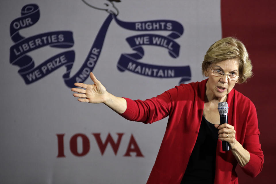 Democratic presidential candidate Sen. Elizabeth Warren, D-Mass., speaks at a Get Out the Caucus Rally at Simpson College in Indianola, Iowa, Sunday, Feb. 2, 2020. (AP Photo/Gene J. Puskar)