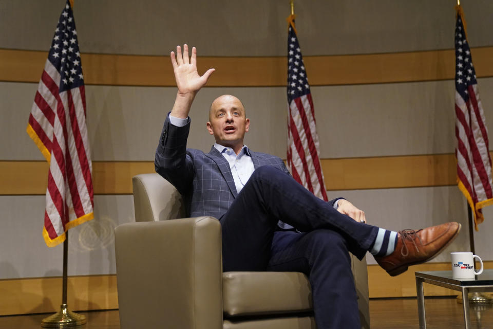 Independent Evan McMullin speaks during a campaign event Thursday, Oct. 20, 2022, in Salt Lake City. The race for Utah's U.S. Senate seat is the most competitive the reliably red state has seen in decades. Republican Sen. Mike Lee acknowledges that his race with McMullin will likely be close. The race has taken shape as a referendum on the direction former President Donald Trump has taken the GOP. (AP Photo/Rick Bowmer)